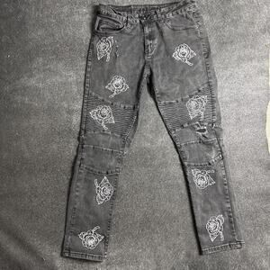 Rue 21 Distressed Black Stiched Flowers Skater Jeans Gothic Grunge Y2K